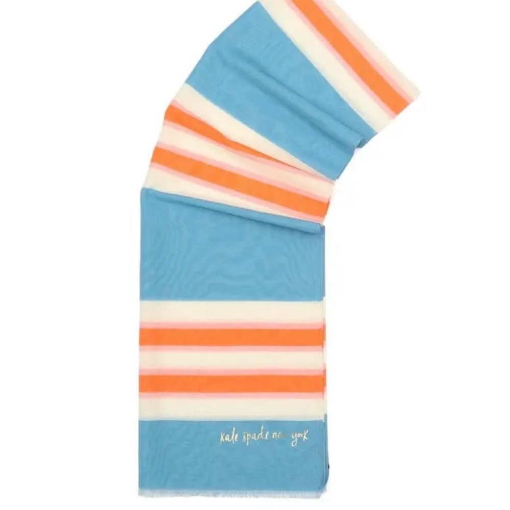 NWT KATE SPADE Springtime Stripe Oblong Scarf Wrap, Orange White Blue, $78 - Picture 2 of 4